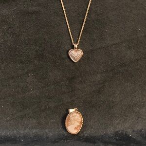 Gold Heart Pendant Necklace and Cameo Pendant Set